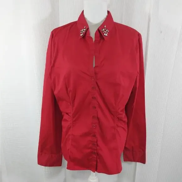NEW YORK & CO.! ROUGE RED COTTON BLEND JEWELED COLLAR BUTTON FRONT BLOUSE! SZ XL - Picture 2 of 10